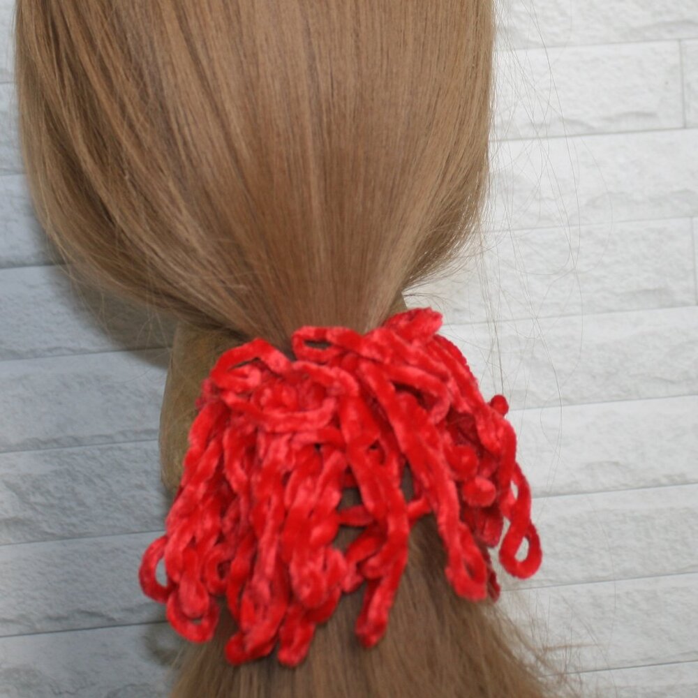HAND CRAFTED Hair Scrunchie Crochet Chenille Velvet Oversized Fringe Red - Picture 3 of 13